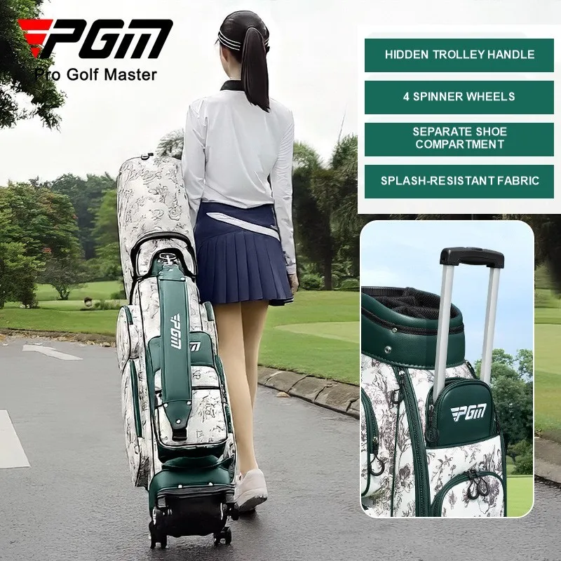 PGM QB169 Women's Retro Golf Cart Bag with 4 Spinner Wheels, Hidden Trolley Handle and Separate Shoe Compartment