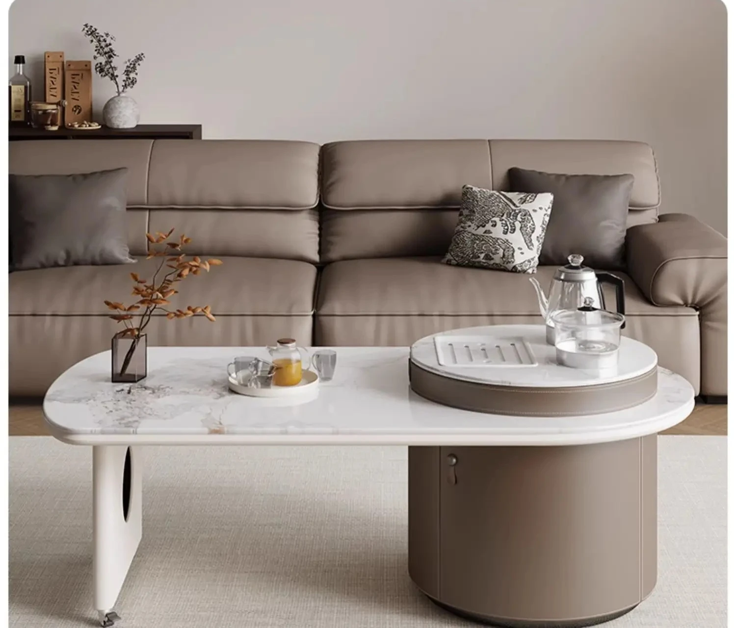 

The coffee table is a modern simple and rotatable small apartment with a high sense of microcrystalline stone coffee table