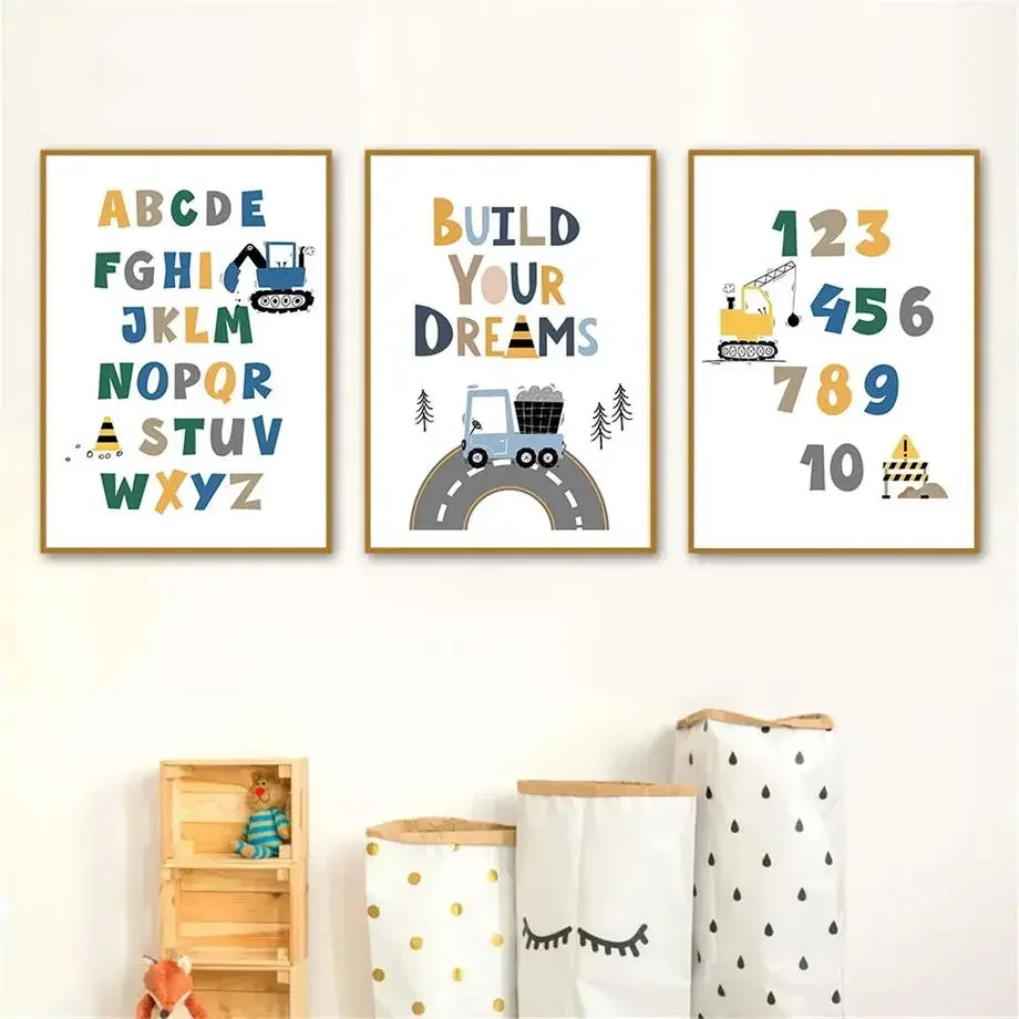 الكرتون الأبجدية 123 رافعة حفارة جرار جدار قماش رسم مطبوع اللوحة الشمال المشارك الحضانة صور الطفل غرفة الاطفال ديكور