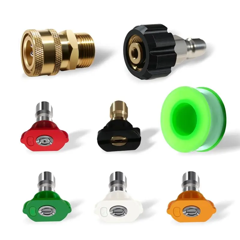 

A67P-Насадки для мойки высокого давления, 5 насадок для наконечников, насадки с несколькими степенями 1/4 дюйма, переходник для шланга M22 от 14 мм до 3/8 дюйма