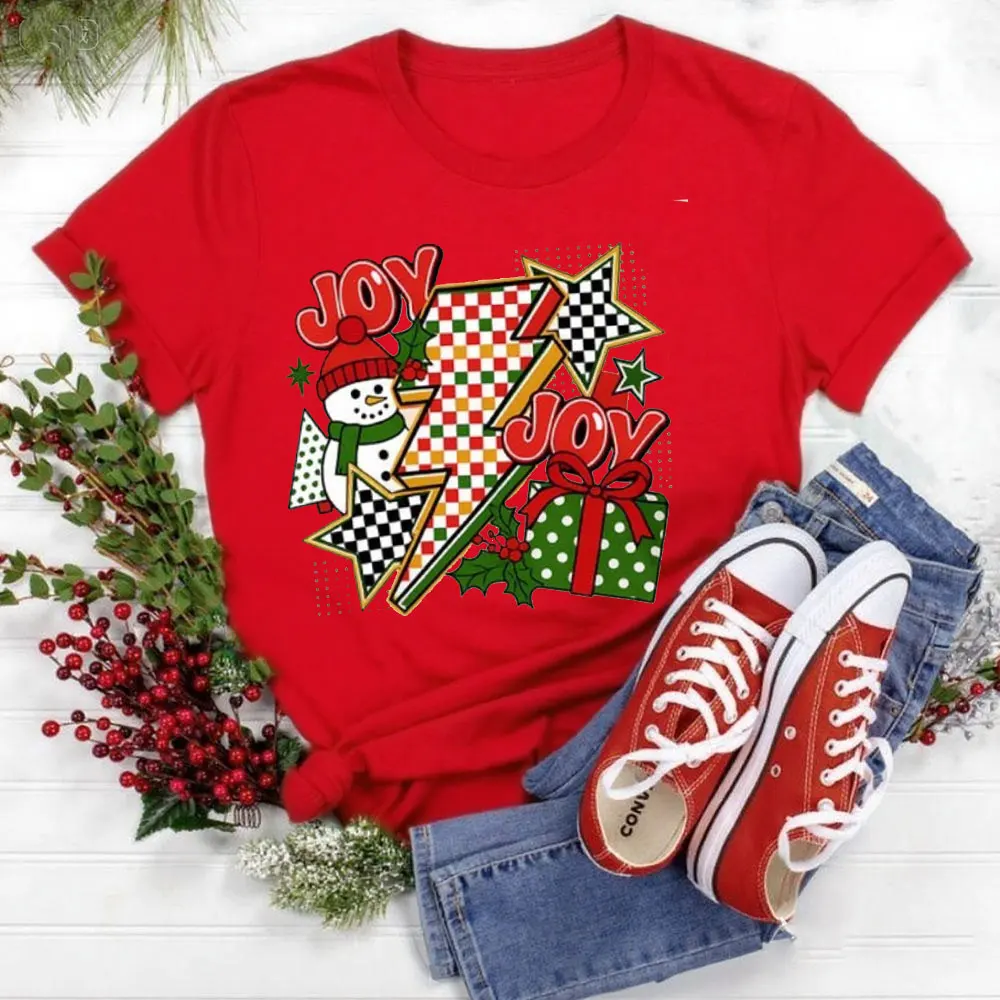 Retro Christmas Tops Checkered Shirt Clipart Joy Snowman Gift Tops High Quality Loose Casual Cotton T Shirt Women Clothes
