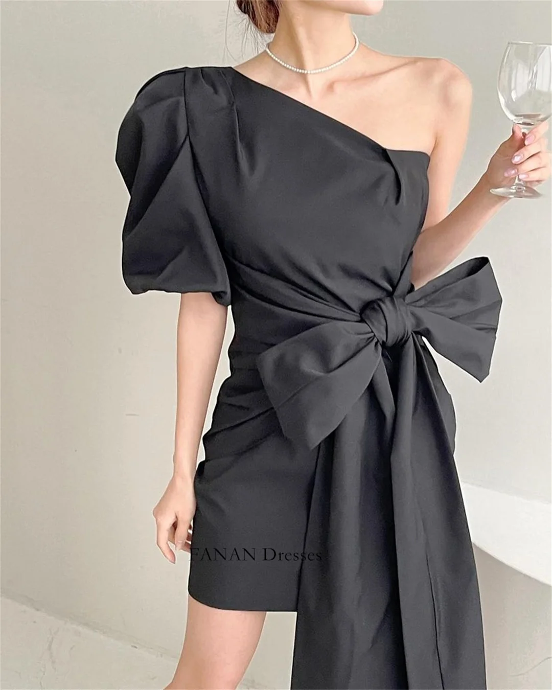 FANAN-Vestidos de Fiesta de noche de un solo hombro para mujer, Mini vestidos formales de Boda sin espalda de tafetán coreano negro, vestidos de graduación para eventos