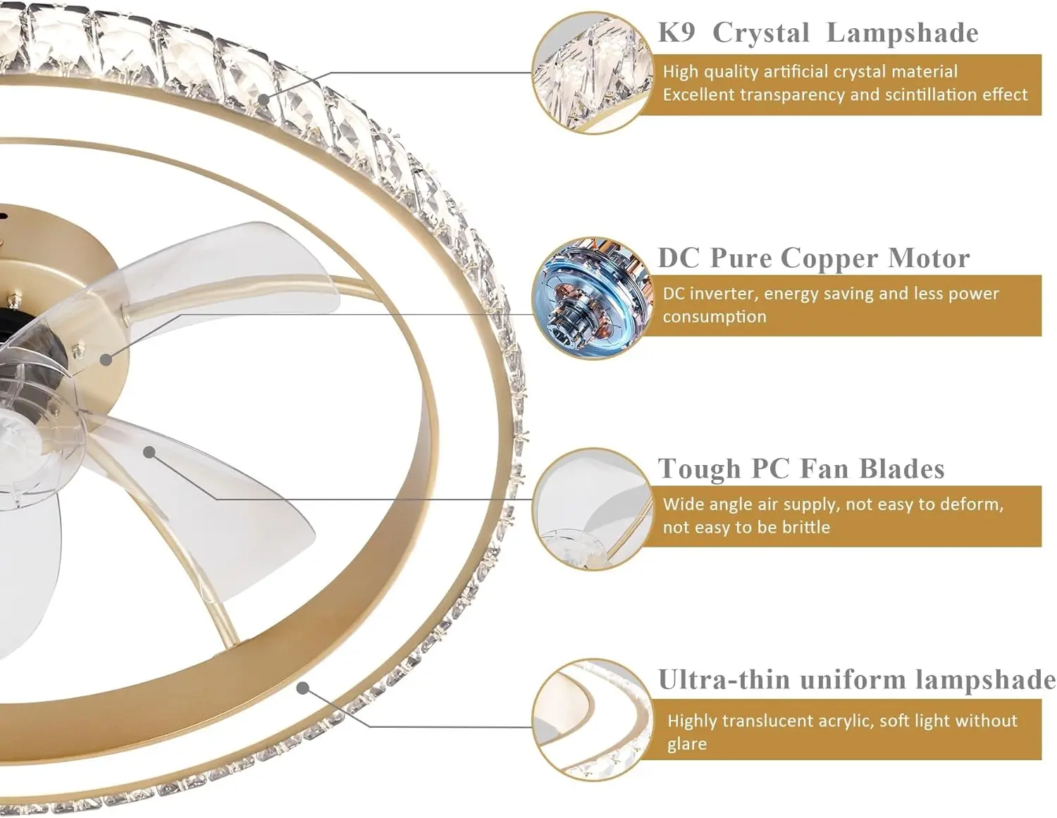 Low Profile Modern Crystal Chandelier Ceiling Fans with Lights and Remote, 3000K-6500K Smart Bladeless LED Fan Light, 26"