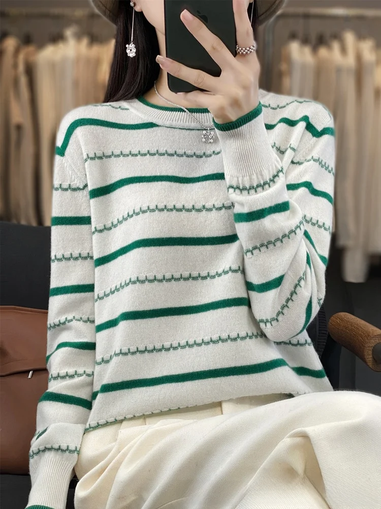 Pull tricoté Long Sve pour femme rond Ne rayé couche de base irt automne hiver nouvelle Station indépendante Sle Cross Bor...