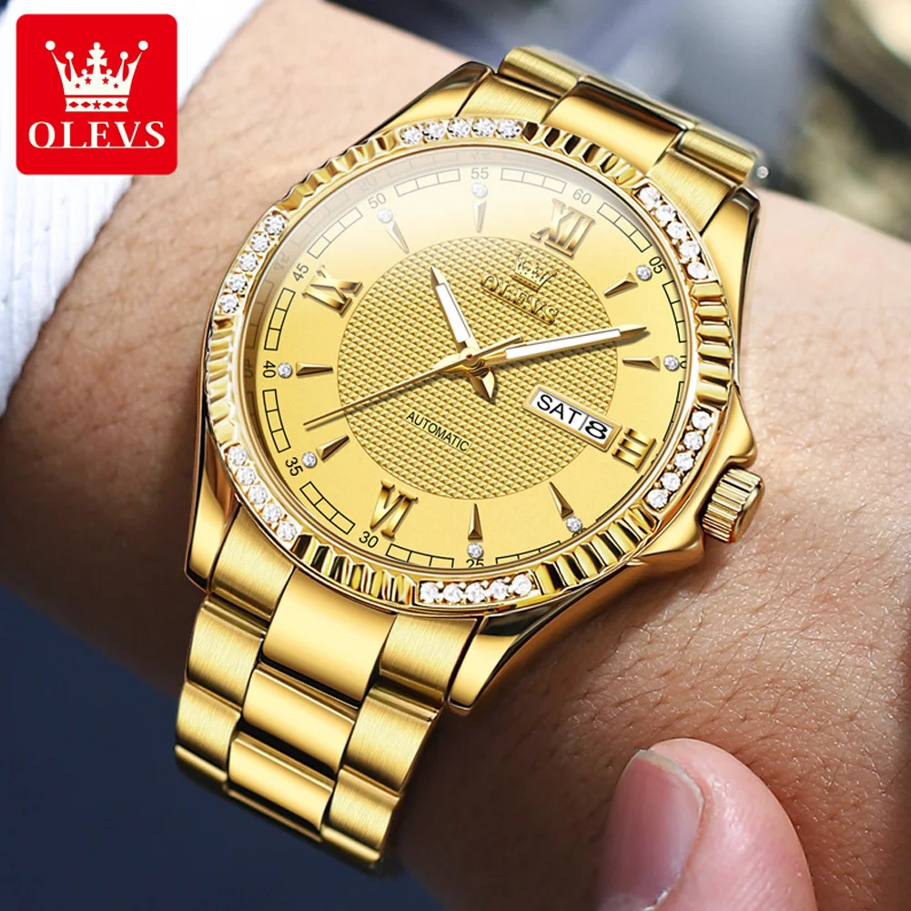 OLEVS 6676 Men\'s Watches Brand Original Luxury Automatic Watch for Men Waterproof Gold Stainless Steel Diamond Date Male Watch