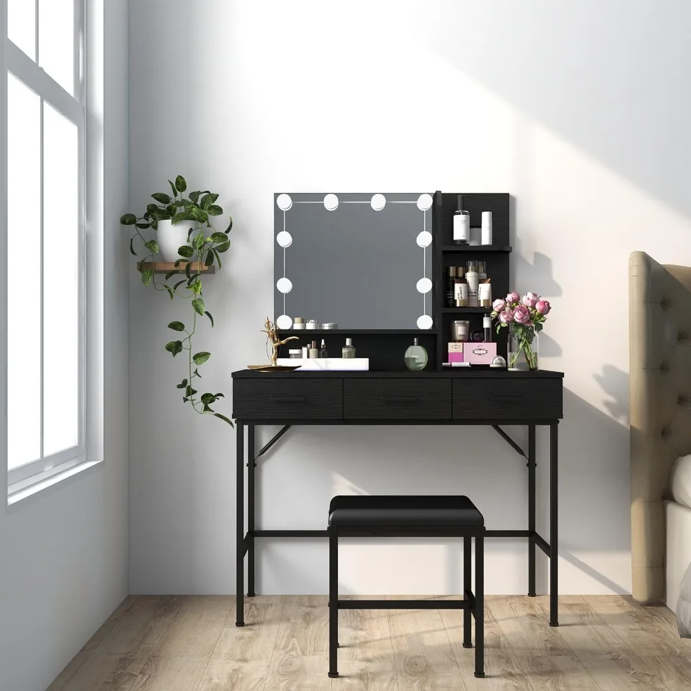 with Lighted Mirror, Drawers Makeup Desk Dressing Table with Lots Storage Vanity Set with Wider Cushioned Stool for Bedroom