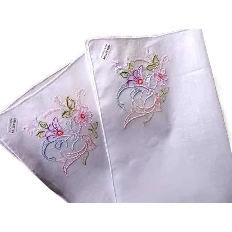 2PCS Hand-embroidered Vintage Cotton Ladies Elegant Handkerchief Square White 31CM