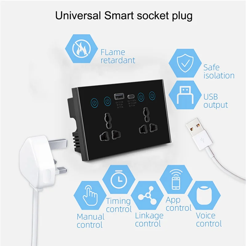 A08F-EU UK US Universal Plug Tuya Smart Socket Switch With USB And Type-C Port Outlet Smart Life