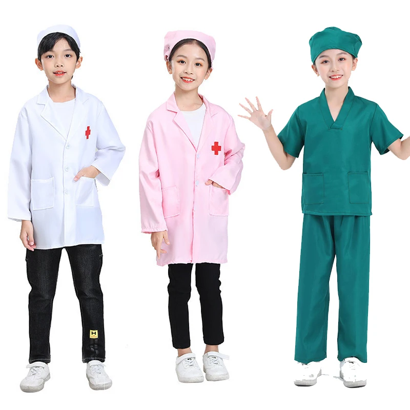 Kids Doctor Nurse Cosplay Coat Boys Doctor Role Play Soft White Pink Girls Coat for Children Stage Performance Cosplay