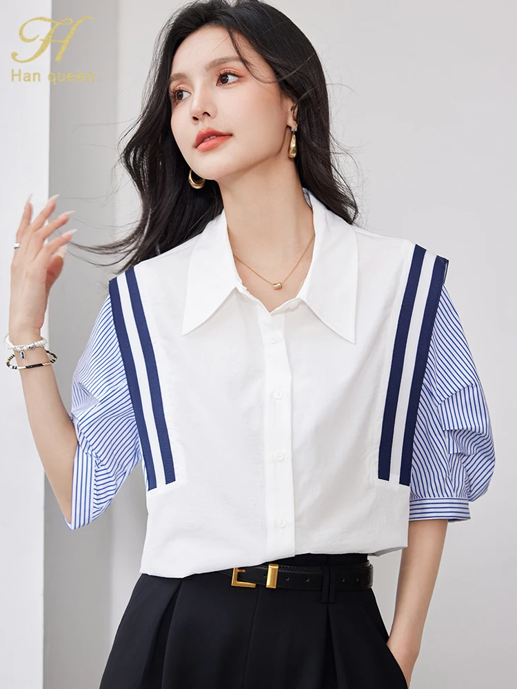 H Han Queen 2024 Summer Korean Women Colorblocking Stripes Vintage Tops Chiffon Short Sleeve Casual Office Shirts Elegant Blouse