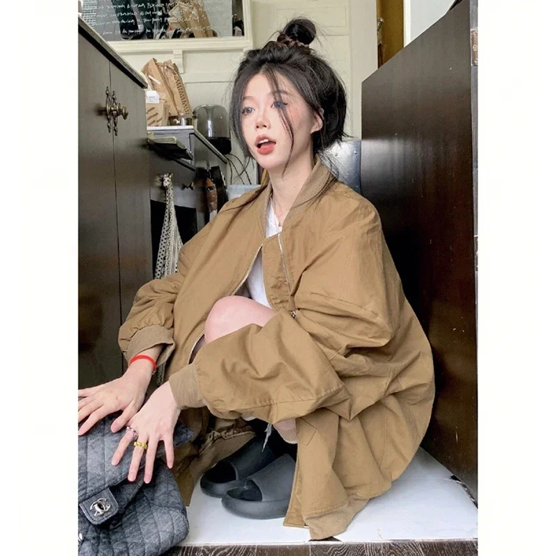 2026 New Spring Autumn Vintage Baseball Jacket Women Korean Loose Casual Zipper Coat Fashion Double-layer Windbreaker Outwear