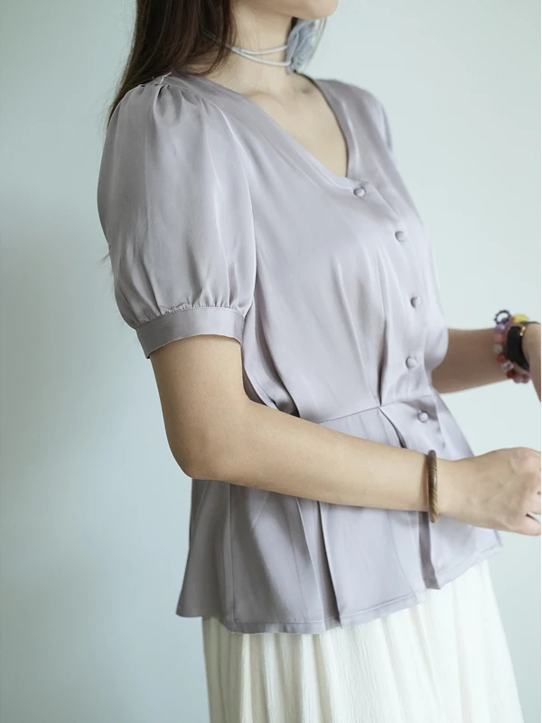 

Ele Light Purple Copper Ammonia Silk Pleated ort Sve V-Ne irt Женская летняя простая футболка Hanging Sense Kui