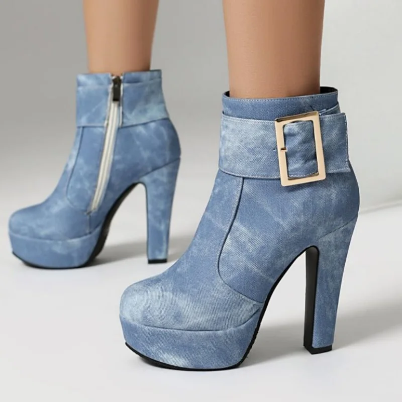 11.5cm women Decal Denim Fabric Upper Platform Ultra-High Thick Heel Zipper Ankle Boots Plush Interior Retro Denim Short Boots
