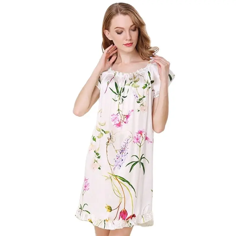 Birdtree 16MM 100%Real Mulberry Silk Nightgown Women Short Sleeve Print Pajama Dress Sleepwear Nightwear New Summer P36722QM