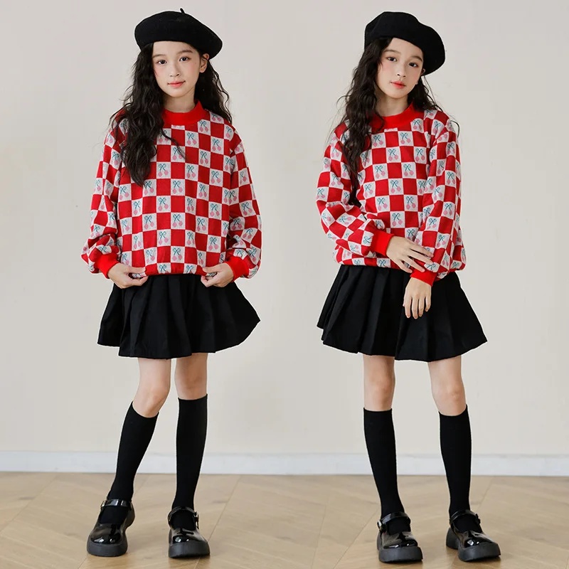 

Korea Spring Autumn Junior Girl 2-Piece Sets School Girl Checkered Cheery Sweatshirt+Pleated Skirt Sets Girl From 4-12 Years Old