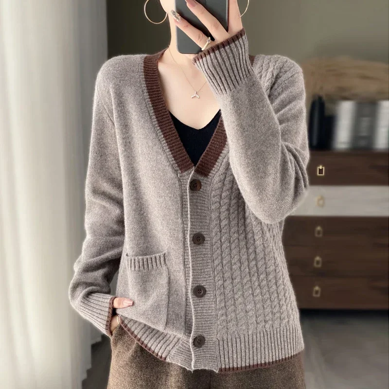 Autumn Winter Sweater Cardigan Women Loose Casual Long Sleeve Top V-Neck Buckle  Cardigan Female Knitted Tops Color Collision