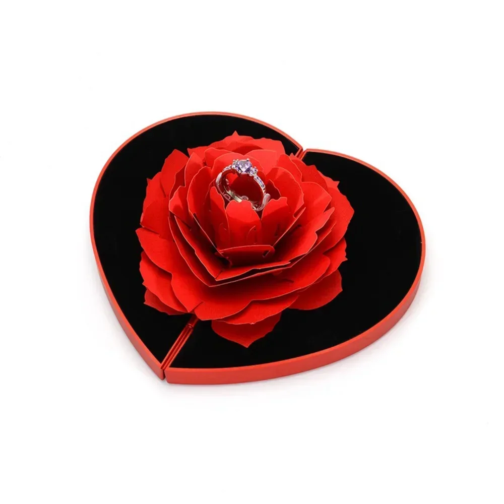 3D Rose Rotating Ring Box Creative Rose Flower Proposal Ring Box For Couples Diamond Rings Packaging Case Pink Red Heart Shaped