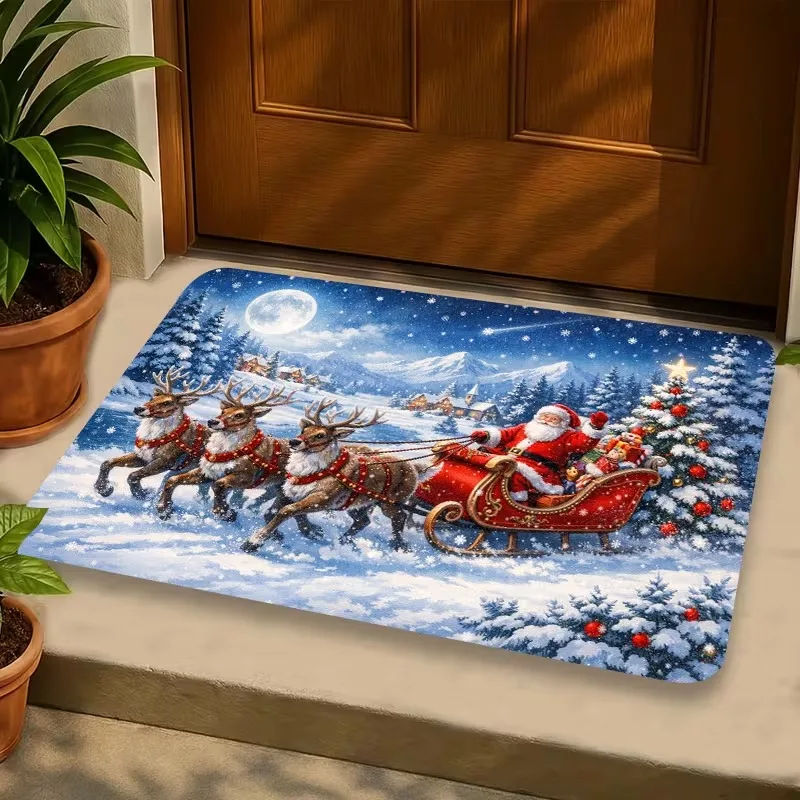 Festive Xmas Decorative Doormat Santa Claus Riding Sleigh Pulled By Reindeer Snow‑Covered Forest Moon Winter Pattern Rug Mat