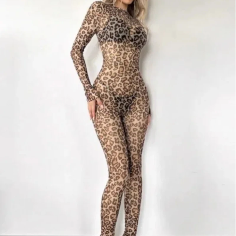 Sexy Spicy Girl Mesh Leopard Print Women's European American Summer Fashion Semi Transparent Long Sleeved Tight Fitting Jumpsuit