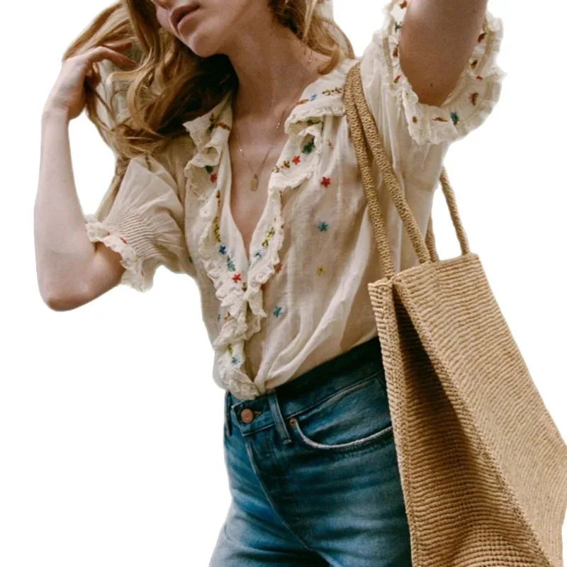 

Y2K French Printed T-shirt Summer Star Top Bubble Sleeves Lace Collar Vintage Countryside Cotton Short Sleeved Shirt Top Tee New