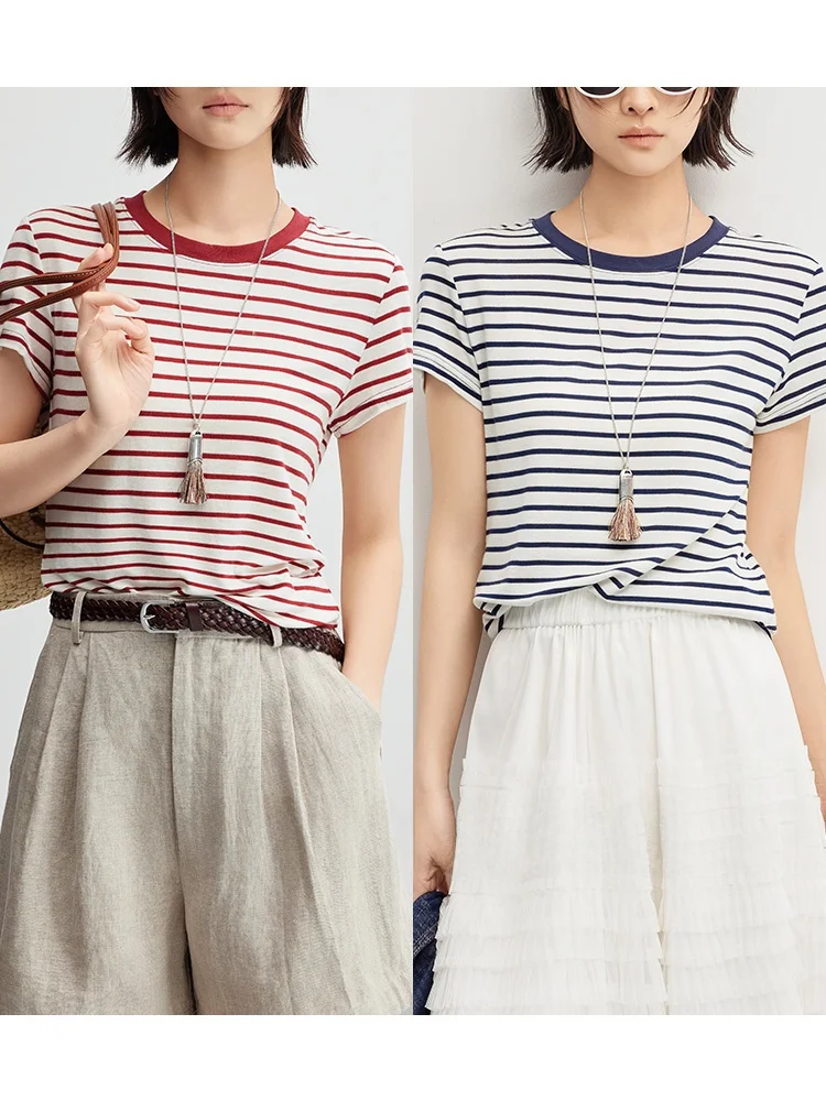 

Футболка Meiyang Nautical ort Sve, ультра облегающая шерстяная лиоцелла, круглый трикотажный топ, повседневная классическая летняя одежда