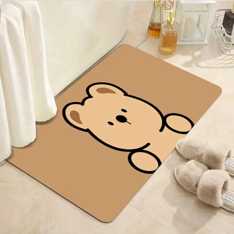 1pc Simple brown bear pattern floor mat, machine washable polyester material, suitable for bedroom and living room decoration.