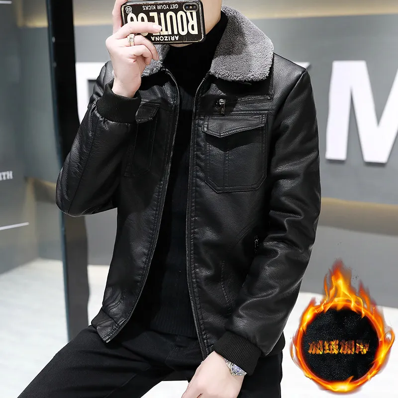 

Men's Fce Lined Thiened Leather Jaet Motorcycle Sle Slim Fit Autumn Winter Faion Outerwear PU Material Trendy Men'...