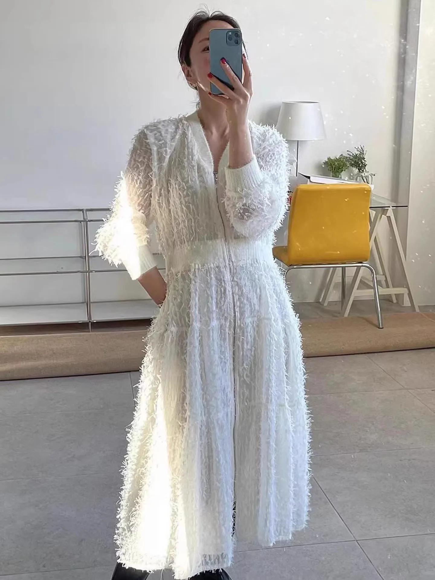 Ele V-Ne Zipper Waist Cinching Long Dr Women's Early Spring New Korean Sle Retro Versatile 3D Fringe Dr