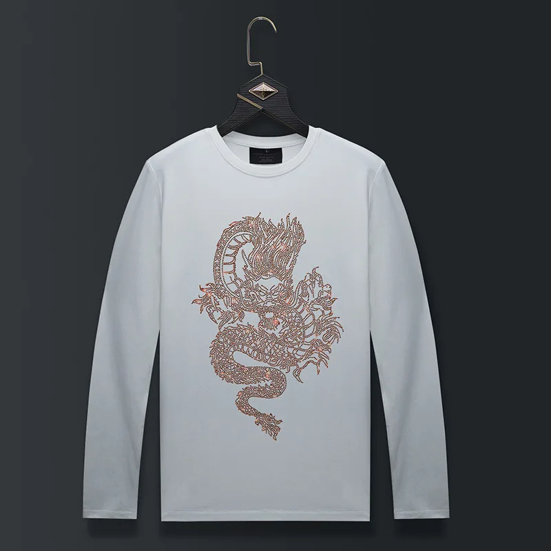 Plus Size Rhinestones T Shirts Men Fashion Streetwear Cartoon Dragon O Neck Long Sleeve Slim Modal Cotton Tshirts Mens Clothing