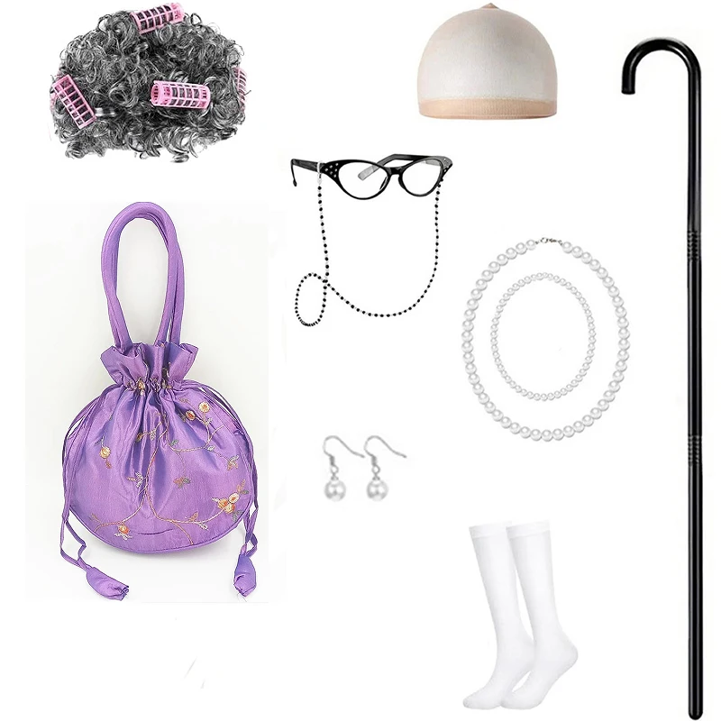 Kinderen oude dame rollenspel kostuum meisjes 100-dag van school aankleden oma grijze pruik oma bril sok carnaval cosplay accessoire