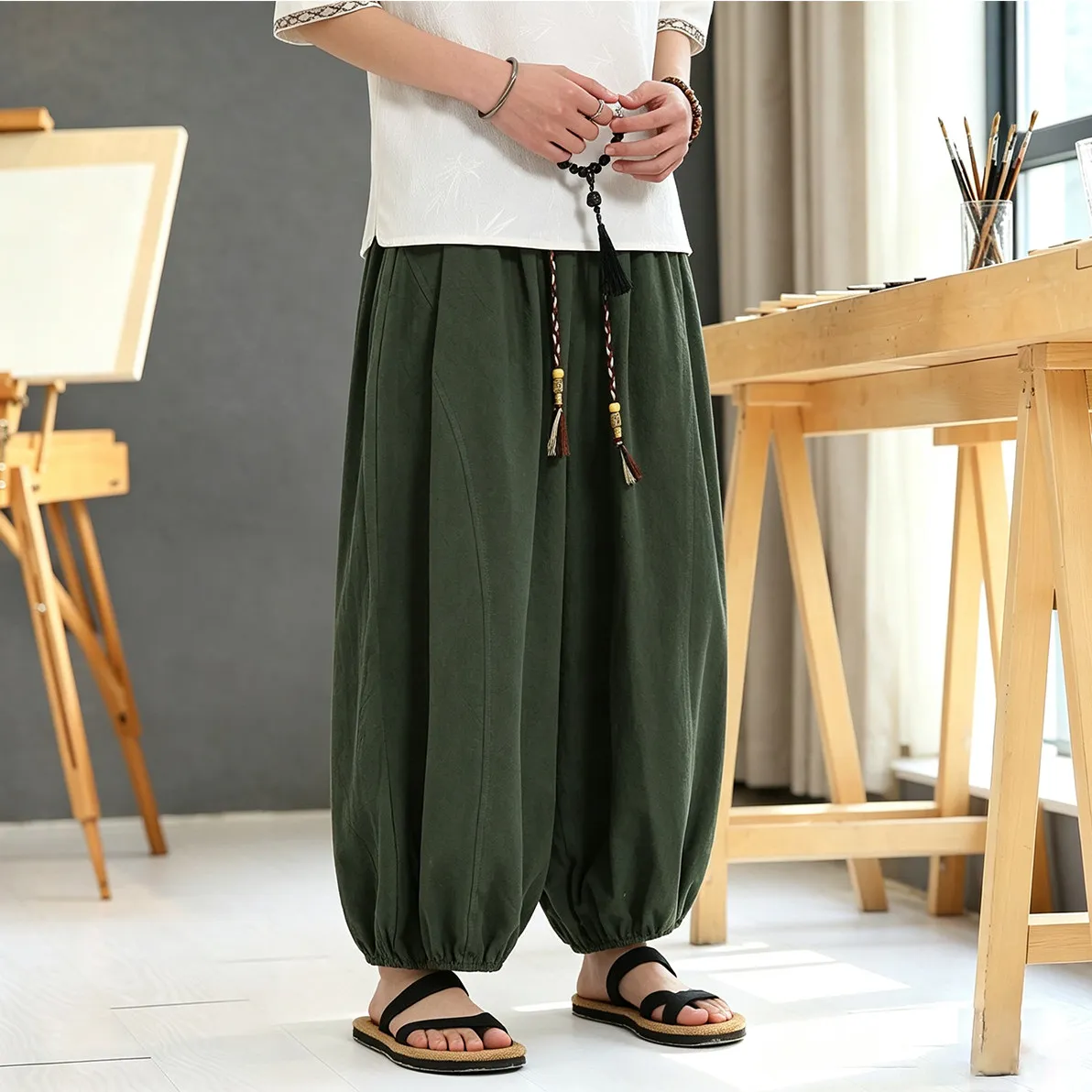 

Wide Leg Pants Men Solid Color Casual Oversize Comfortable Cotton Linen Pants Mens Hot sales Fashion Streetwear Lantern Trousers