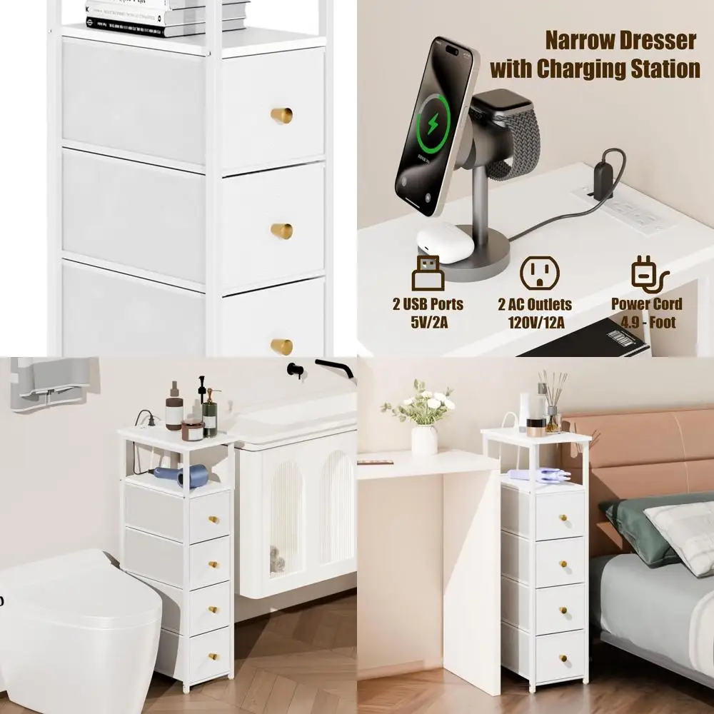 

Slim White 4-Drawer Storage Cabinet with Charging Station for Compact Spaces in Bathrooms and Bedrooms