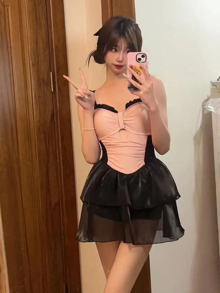 

Японское аниме, милый цельный купальник для горячих девушек, отпуск с горячими источниками Y2K, черный женский купальник в стиле Харадзюку Kawai