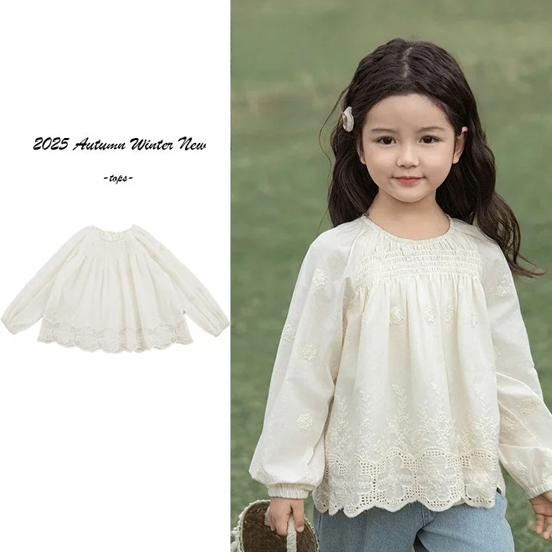 

Girls Blouses 2025 Autumn Winter Puff Sleeve Shirt White Pure Cotton Lantern Sleeve Hollow Lace Girls' Shirt Autumn Top 2-7Y