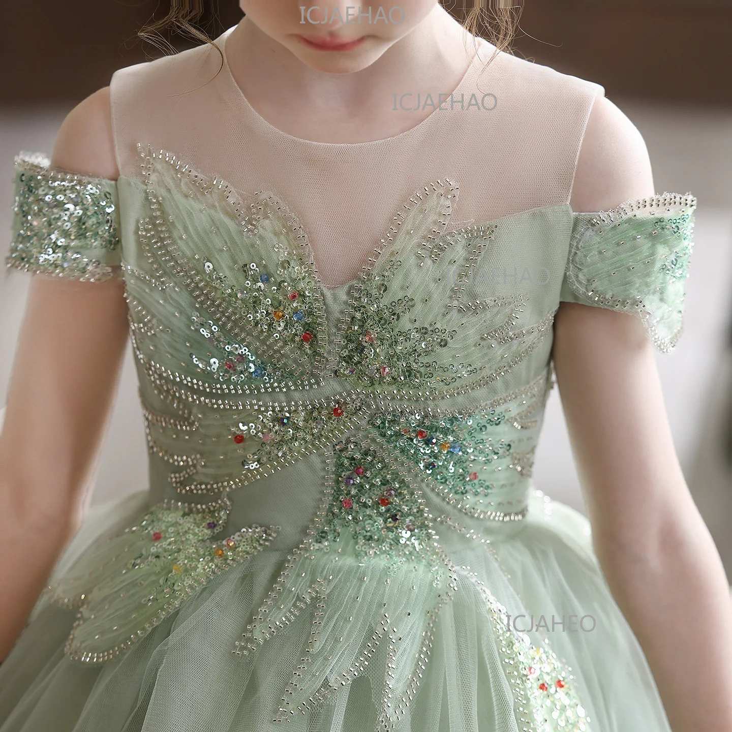 Girls Princess Dress Green 3D Floral Design Outfit  Birthday Party Banquet   Dress Formal Gown For Kids Host Piano Performance view 4