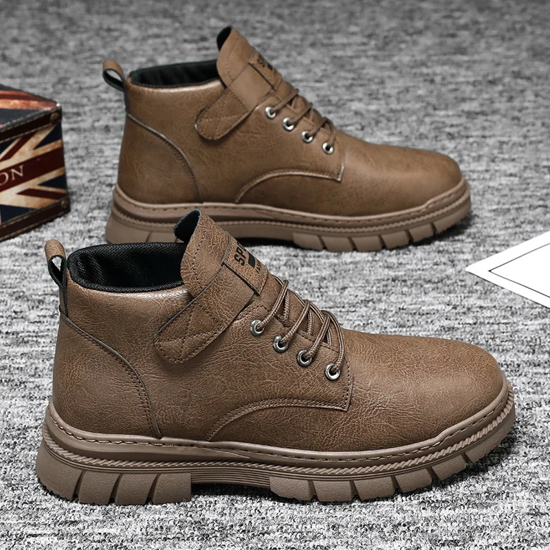 Men Leather Boots Outdoor Waterproof Anti-slip Platform Work Shoes Men High Top Ankle Boot Boot Trend Climbing Shoe Plus