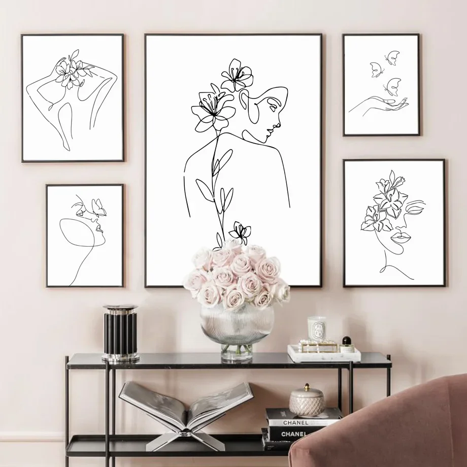 خطوط مجردة للنساء على شكل زهرة بسيطة فن جداري ، لوحة قماشية ، ملصق ، صور مطبوعة ، ديكور داخلي ، غرفة معيشة #2