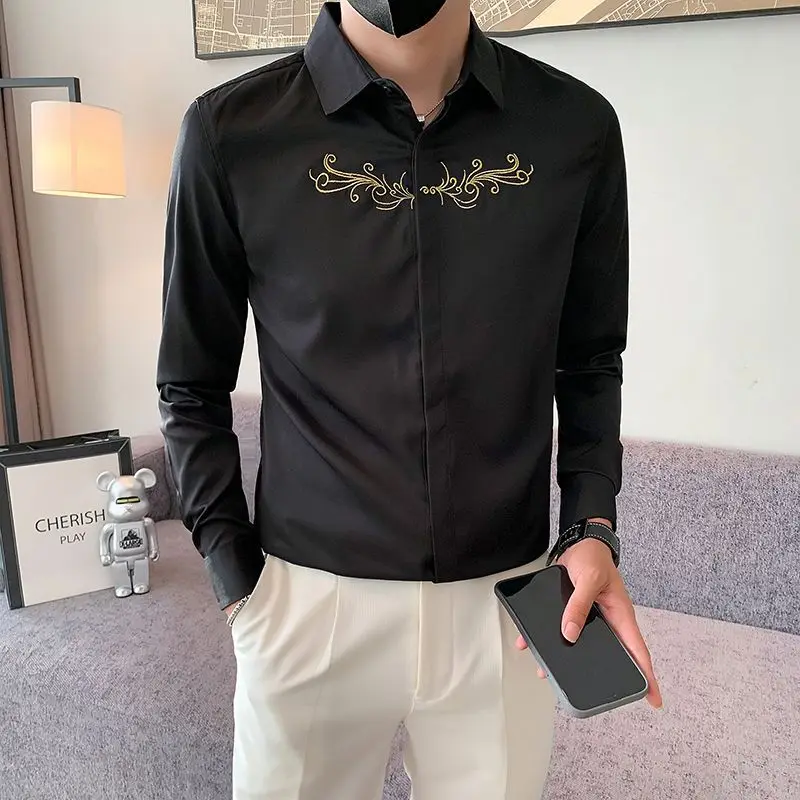 Spring Autumn Fashion Turn-down Collar Long Sleeve Embroidery Solid Color Blouse Men\'s Clothing Button All-match Korean Shirts