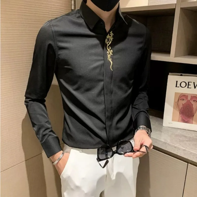 Spring and Autumn Men's Standing Collar Solid Color Slim Fit Embroidered Button Casual Fashion Elegant Commuter Long SleeveShirt