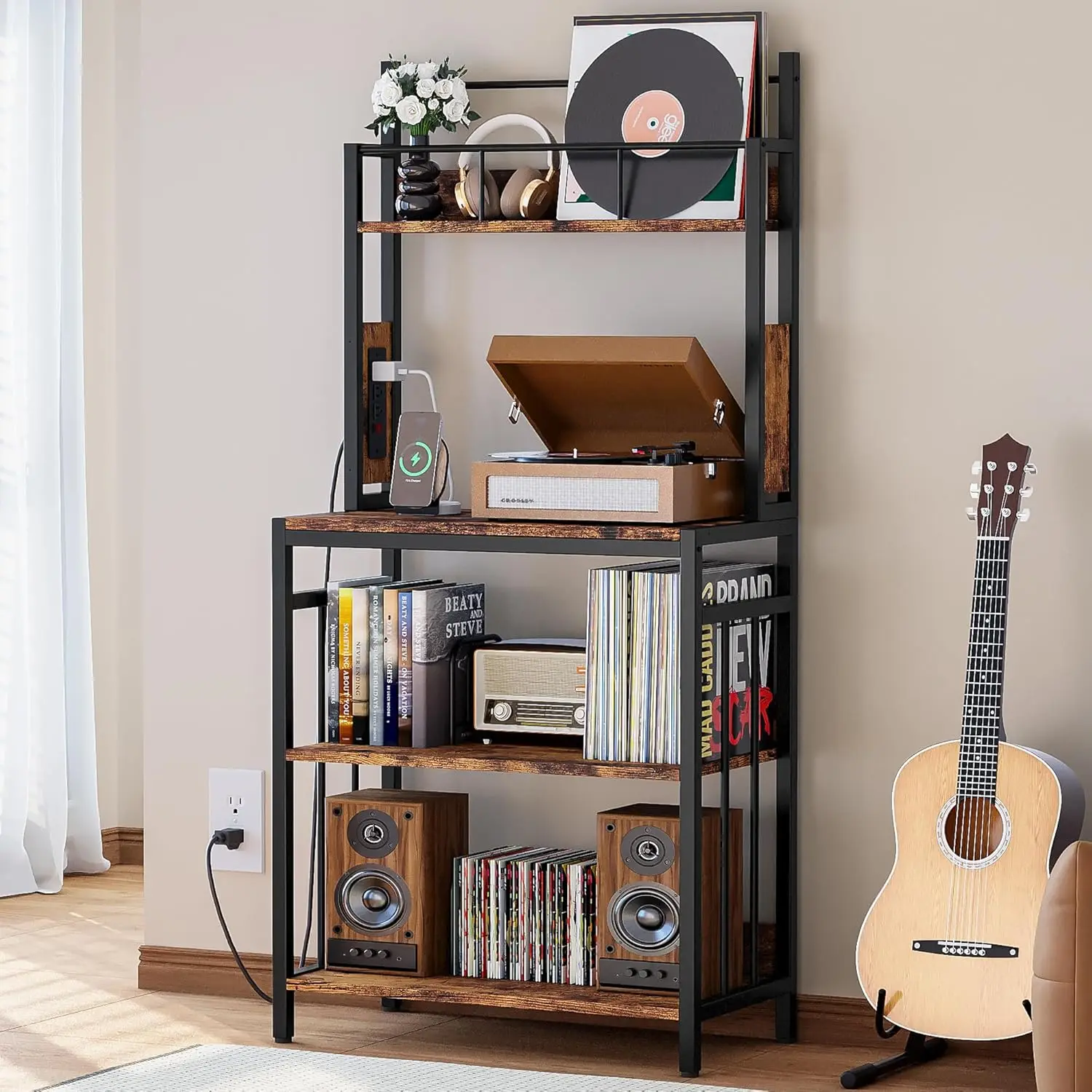 IRONCK Record Player Stand, 2-Tier Vinyl Record Storage, Bookcase, Large Record Player Table with Charge Station for Living Room