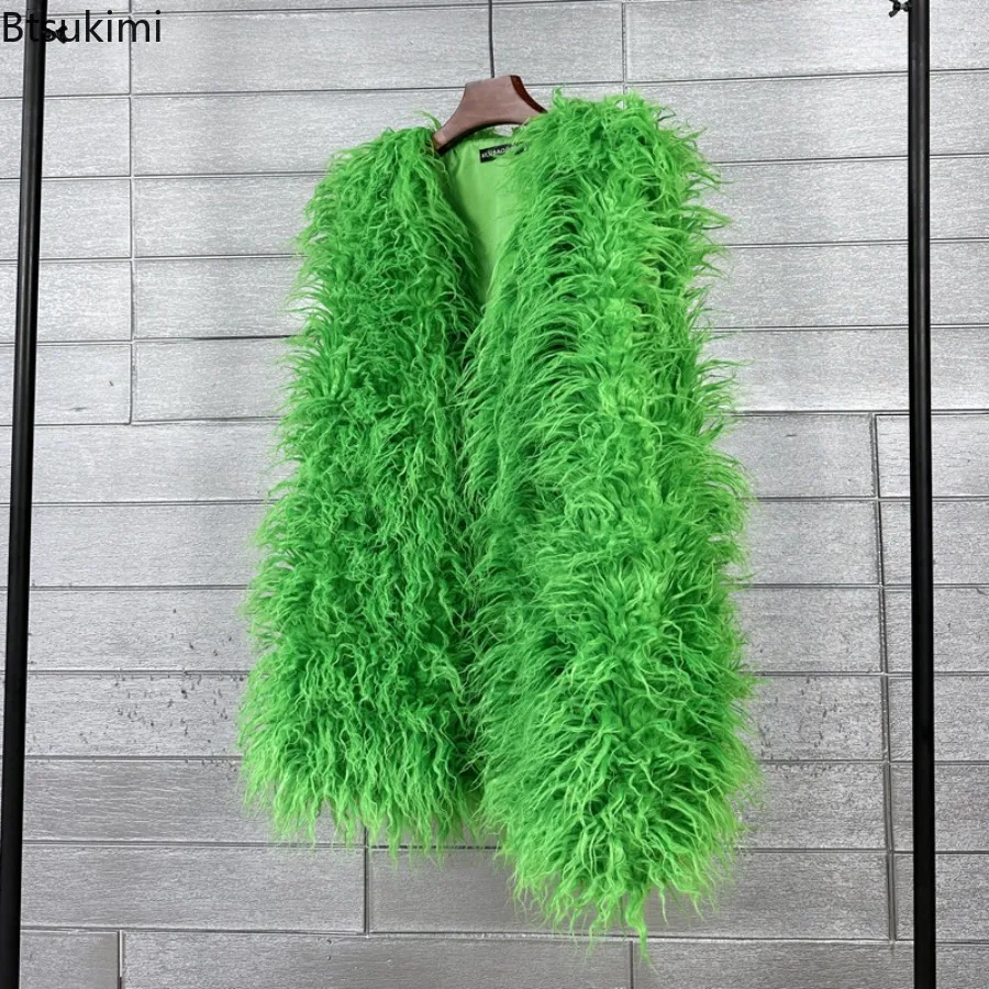 New Women's Middle Long Fluffy Colorful Mongolia Sheep Fur Vest Autumn Winter Sleeveless Faux Fur Jackets Luxury Warm Waistcoats 2