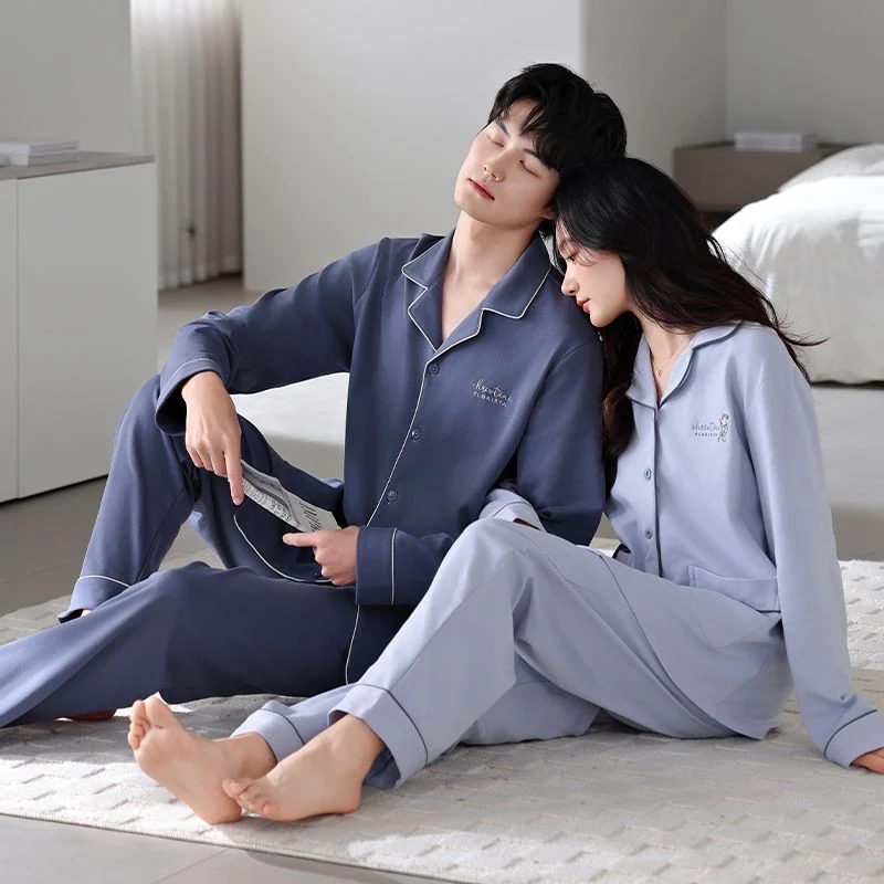 2025 Autumn Couple Long Sleeve 100% Cotton Pajama Set for Women Korean Loose Cardigan Sleepwear Pyjama Men Homewear Home Clothes