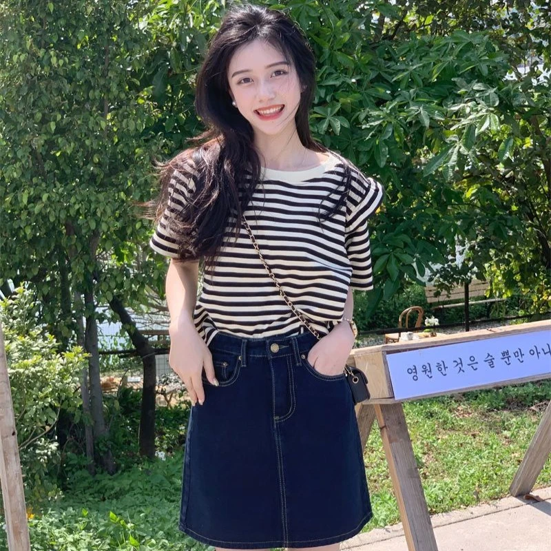 تي شيرت نسائي مخطط عتيق من harajuku من القطن الخالص بأكمام قصيرة أسود y2k ملابس غير رسمية فضفاضة للشارع تي شيرت نسائي صيفي