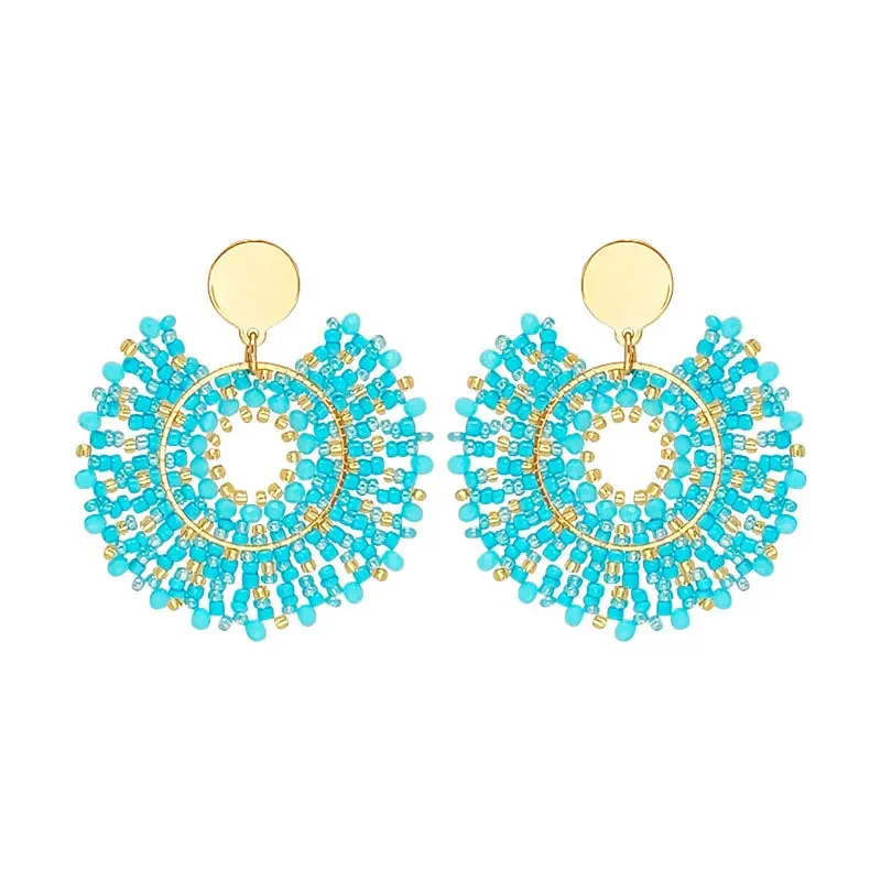 Image of Damen Bohème Reisperlen-Ohrringe Kristall Kreis Blume Handgewebte Legierung Einfacher Retro-Stil Vielseitiger Persönlichkeits-Schmuck