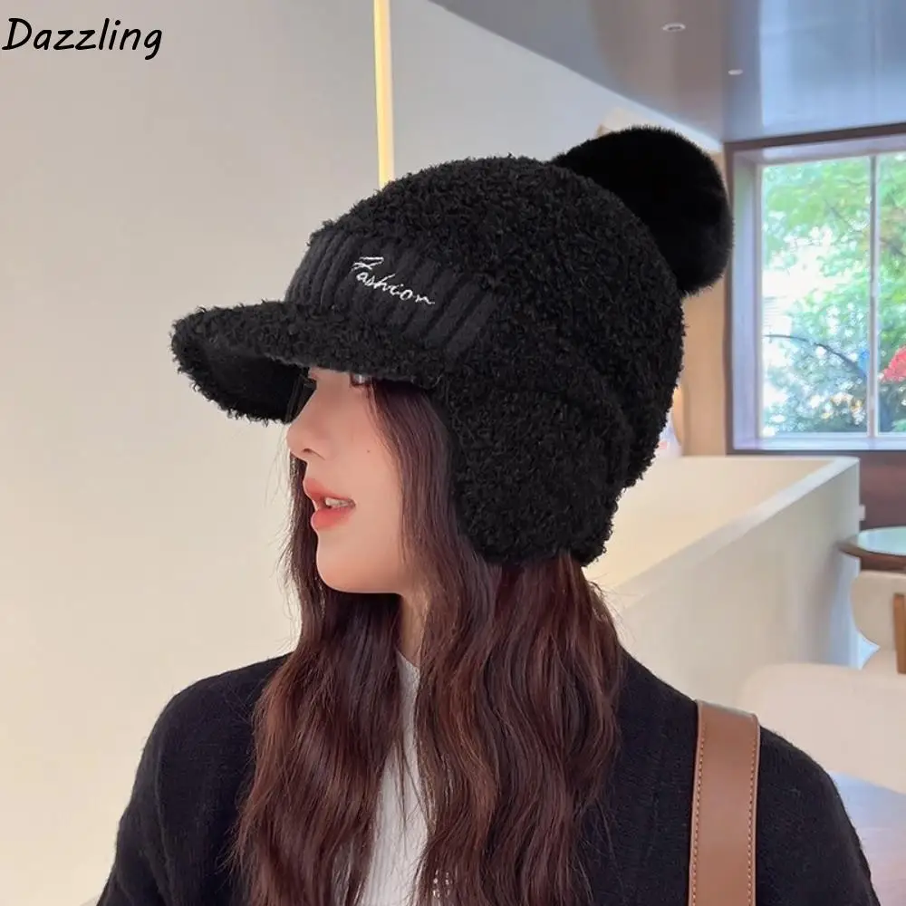 

Cute Solid Color Warm Earmuffs Cap Thermal Thick Pompom Plush Beanie Windproof Versatile Knitted Baseball Cap Women