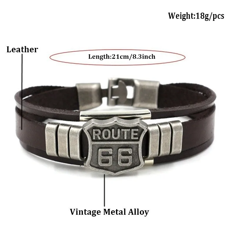 Trendy American Route 66 Printed Pattern Bracelet Men's Bracelet Metal Multilayer Leather Bracelet Accessories New Party Jewelry