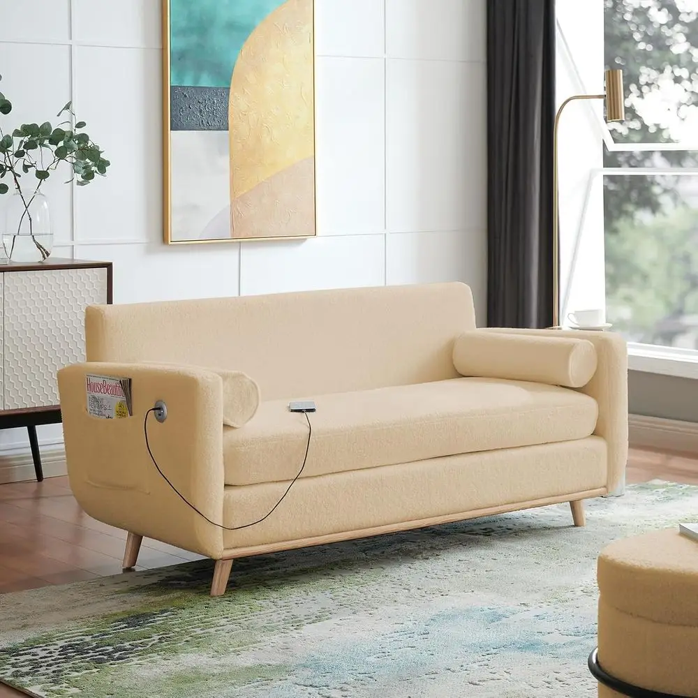 أريكة شيربا بمقعدين حديثة للمساحات الصغيرة، أريكة مريحة باللون البيج لغرفة المعيشة أو المكتب المنزلي
