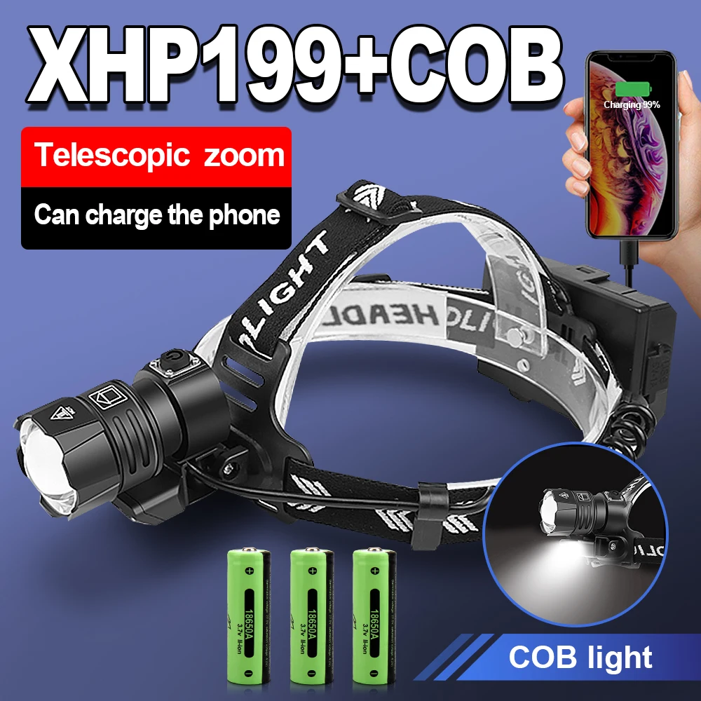 Newest XHP199 Most Powerful LED Headlamp Rechargeable Head Flashlight LED Headlight 18650 USB XHP90 Waterproof Fishing Head Lamp