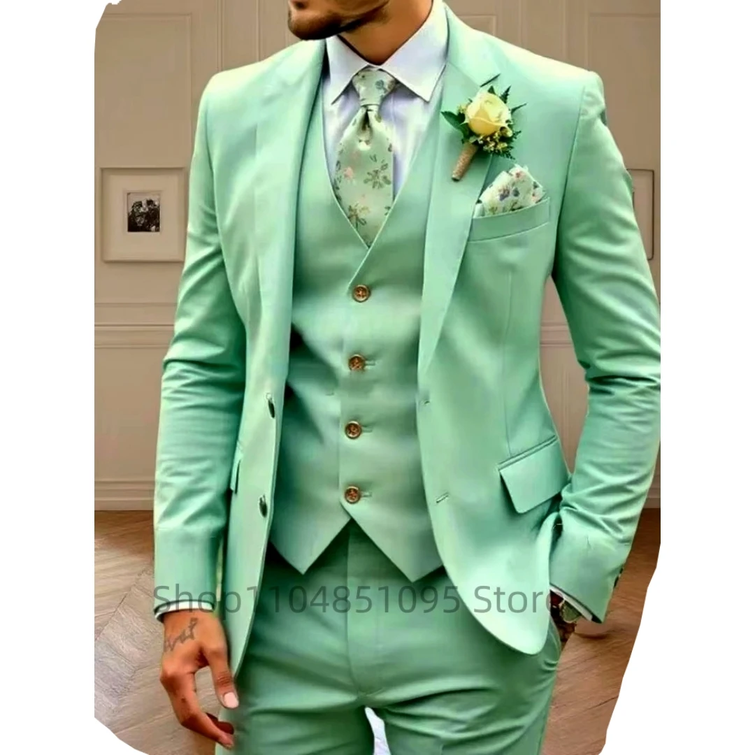 3 قطعة النعناع الأخضر الرجال سليم صالح الدعاوى الأعمال حفل زفاف البدلات الرسمية السترة سترة السراويل الشق التلبيب سترة رجل أنيق الملابس