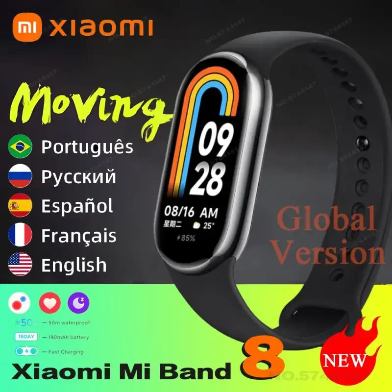 Xiaomi-Mi Band 8 Versão Global Pulseira Inteligente, Tela AMOLED, Oxigênio no Sangue, Rastreador de Fitness, Impermeável, Sensores Inteligentes, 1.62